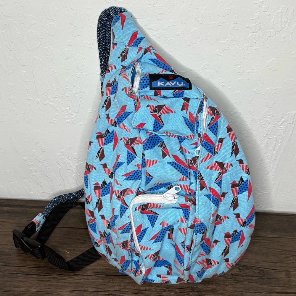 Kavu Mini Rope Sling Bag Crossbody Paper Flock Blue‎ Origami Bird 17”x10”